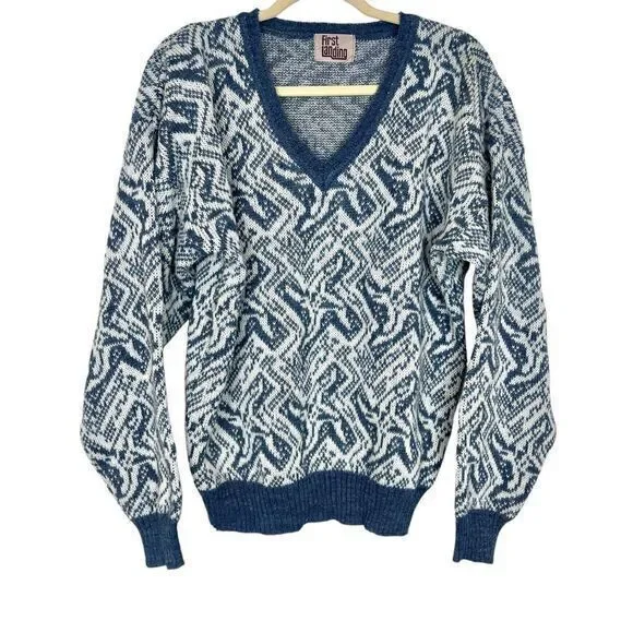 First Landing Sweater Mens Large Blue Abstract Wool V Neck Pullover Knit Vintage - Picture 1 of 12